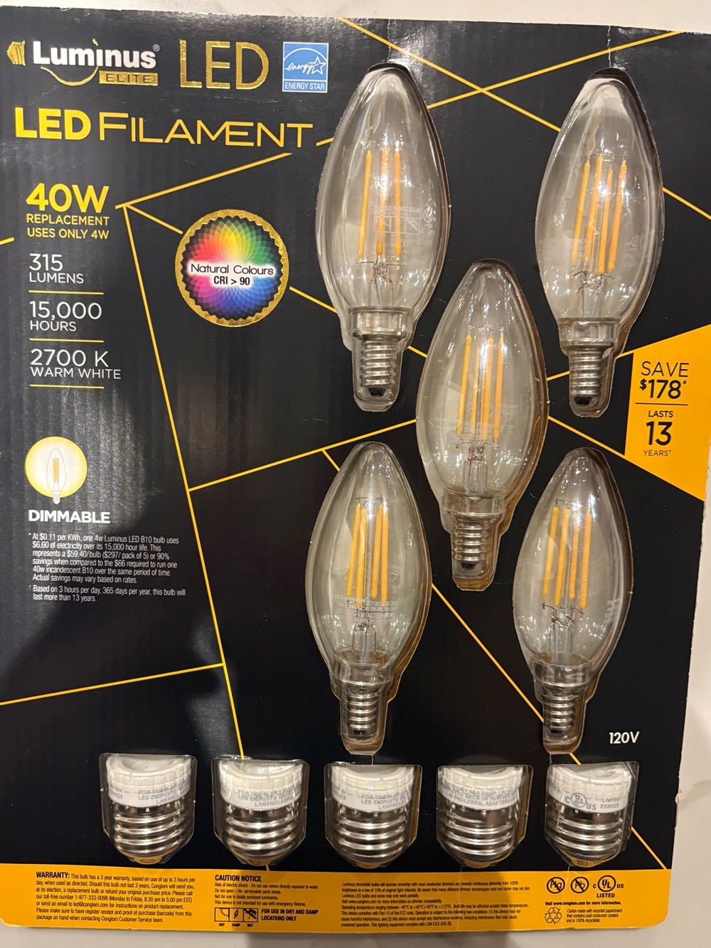 Luminus LED Filament Bulbs - 40W - Warm White (2700K) - 5 Pack - Dimmable